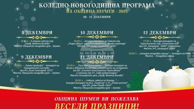 Община Шумен планира 25 събития в областта на театъра, музиката, танците, изкуството и коледните инициативи за втората седмица на декември