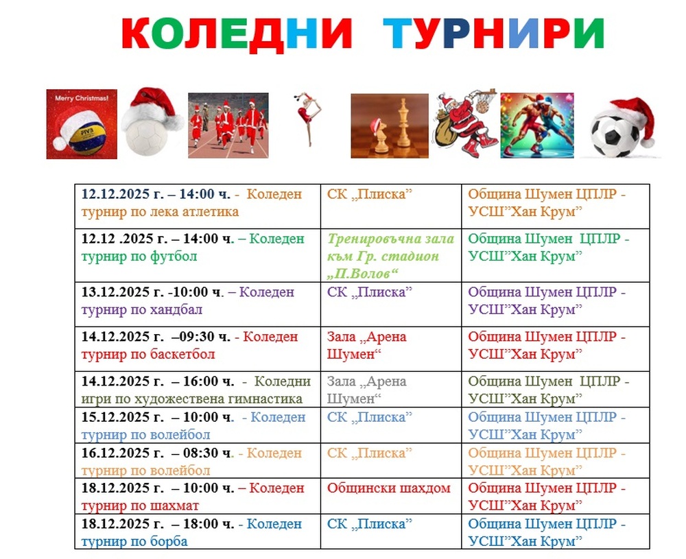 Община Шумен: На 12 декември започват коледните турнири на ЦПЛР – УСШ „Хан Крум“ в Шумен