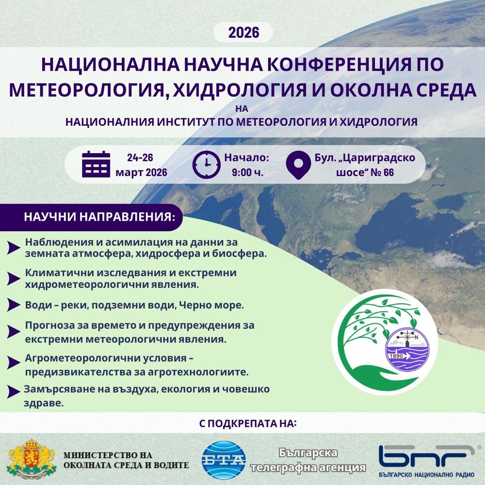 Трета национална научна конференция по метеорология, хидрология и околна среда ще организира НИМХ през март 2026 г.