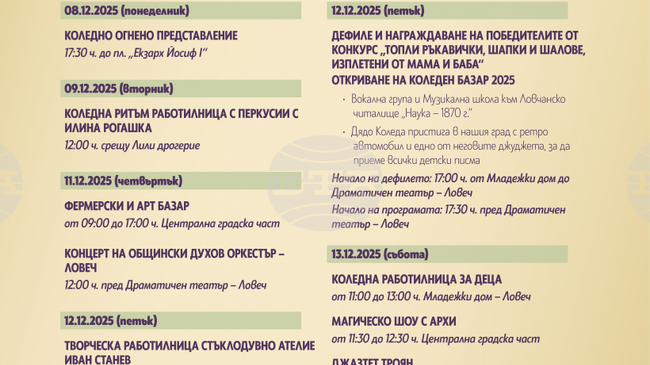 В центъра на Ловеч ще се открие арт и фермерски базар с музикалния съпровод на Общинския духов оркестър
