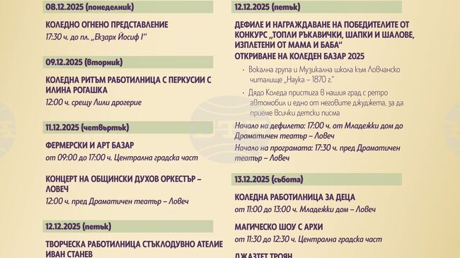 Празничната програма „Магията на Коледа в Ловеч“ продължава утре с коледна работилница и концерт