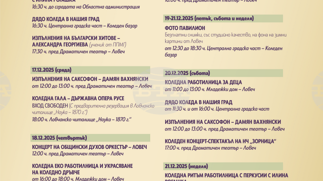 „Магията на Коледа в Ловеч“ продължава с музикални и танцови изпълнения ще има в центъра на града 