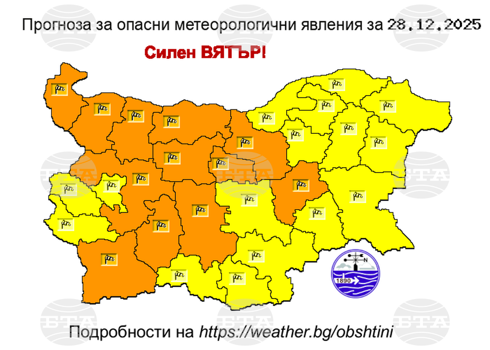 Yellow and Orange Code Alerts for Strong Winds Issued Across Bulgaria