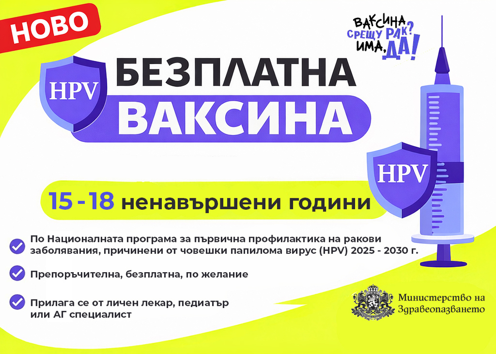 МЗ: Безплатна HPV ваксина вече и за момичета от 15 до 18 ненавършени години