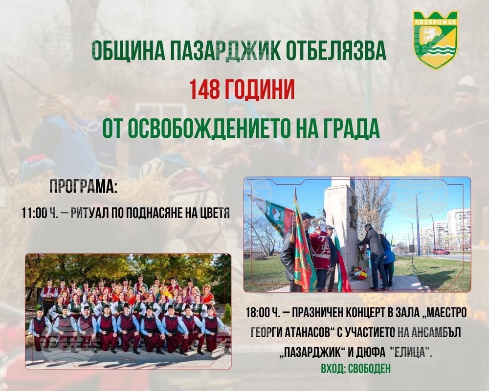 Пазарджик отбелязва 148 години от освобождението на града с поклонение и концерт