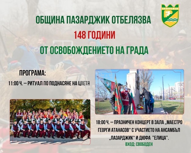 Пазарджик отбелязва 148 години от освобождението на града с поклонение и концерт