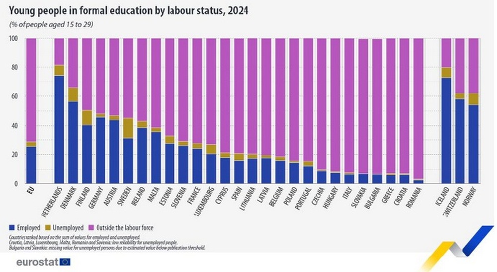 Всеки четвърти млад европеец е работил, докато е учил през 2024 г., сочат данни на Евростат