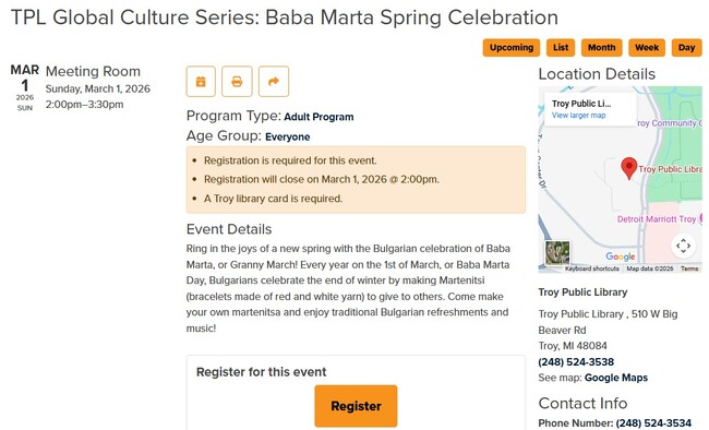 Работилница за мартеници ще се състои на 1 март в библиотеката на гр. Трой, щата Мичиган, САЩ