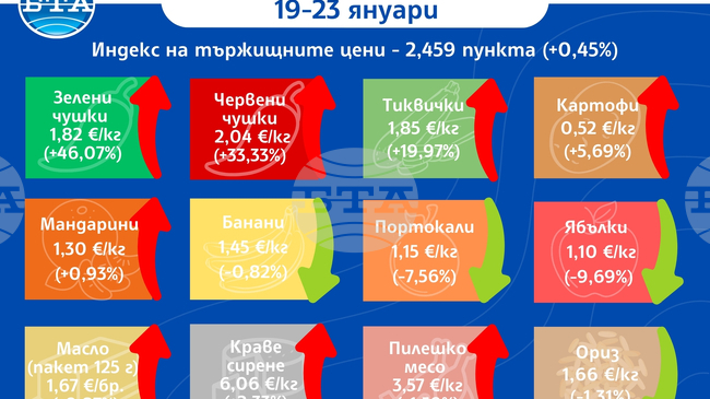 Значително поскъпват повечето зеленчуци на борсите у нас тази седмица, докато цените на плодовете се движат надолу, сочат данните на ДКСБТ
