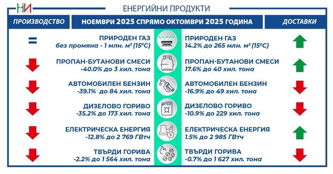 Национален статистически институт: Производство и доставки на енергийни продукти - ноември 2025 година
