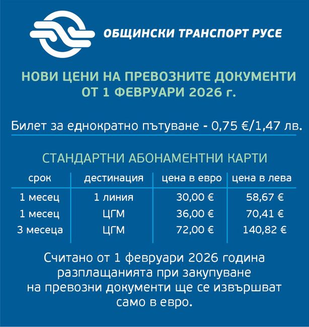 Нови цени на билетите от градския транспорт на Русе ще има от утре