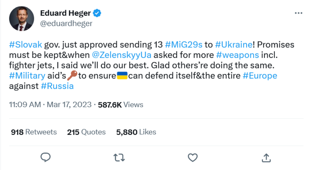 Прехвърлянето на военно оборудване руско производство от Словакия в Украйна е незаконно, заяви руското посолство в Братислава
