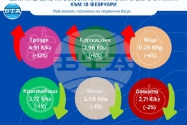 Цени на дребно на основните хранителни стоки в страната към 18 февруари