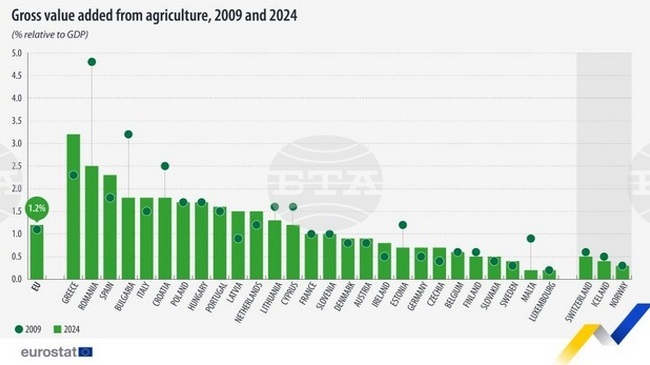 Земеделието в България формира 1,8 на сто от БВП през 2024 г. – над средното за ЕС равнище, отчита Евростат