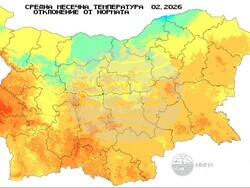 Фигура 2. Средна месечна температура като отклонение от климатичната норма в градус Целзий, илюстрация: НИМХ