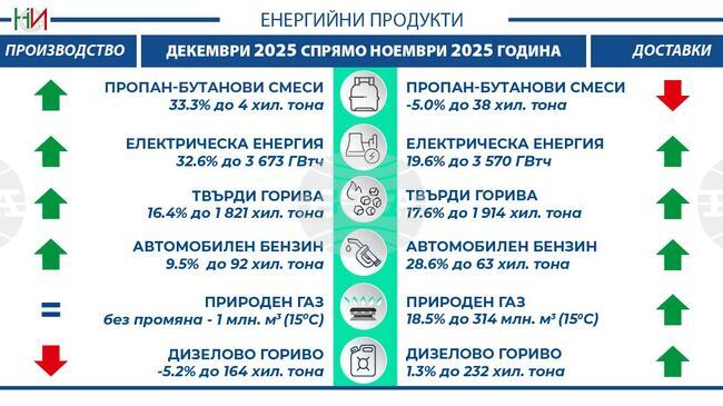 Производството на пропан-бутанови смеси в България расте с 33,3 на сто през декември 2025 г. на месечна база, по данни на НСИ