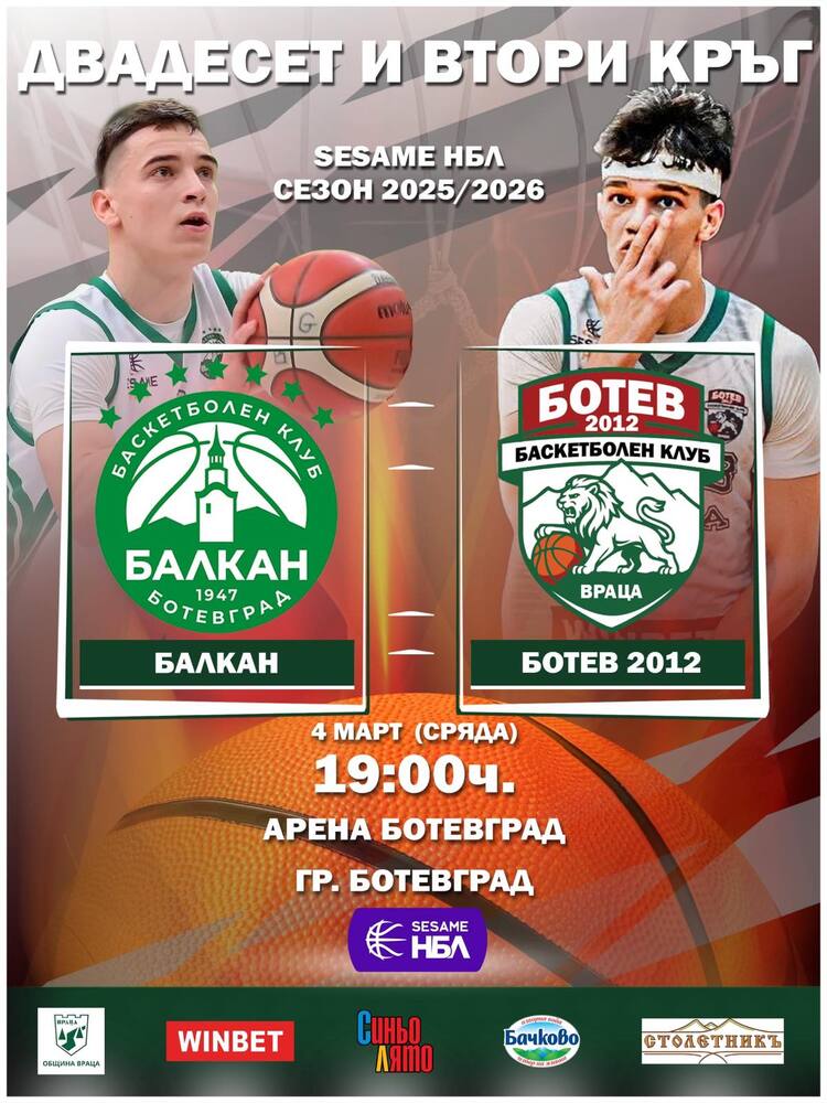 Баскетболният Ботев 2012 (Враца) излиза срещу Балкан (Ботевград) 