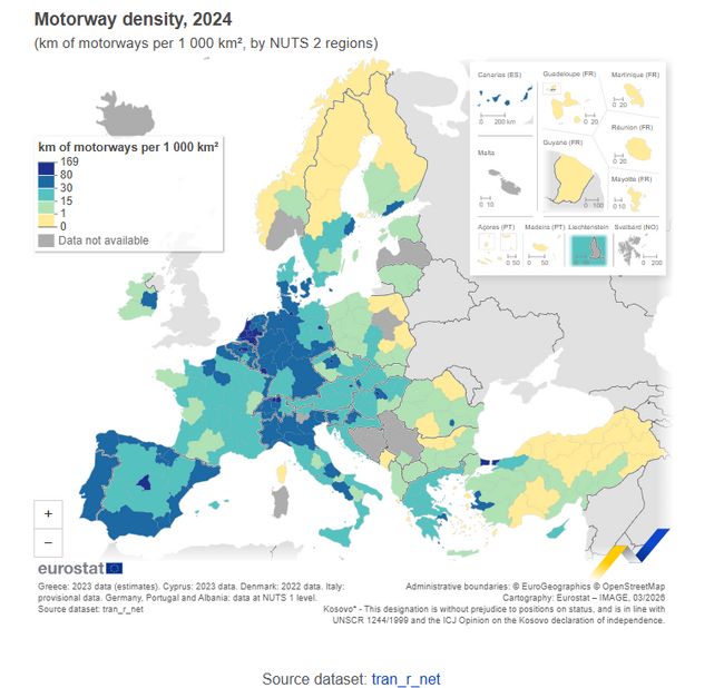 Райони в Германия са с най-гъста магистрална мрежа и най-развита железопътна инфраструктура в ЕС през 2024 г., по данни на Евростат
