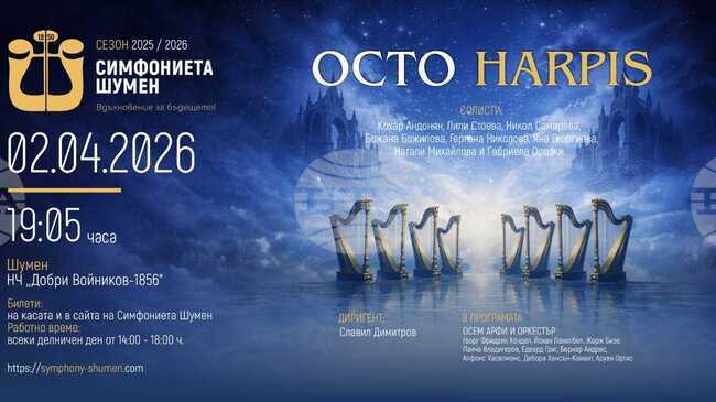 Симфониета Шумен ще представи концерта OctoHarpis на 2 април в Народно читалище „Добри Войников-1856“
