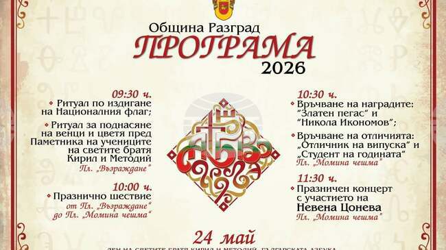 Званието „Отличник на випуска“ ще получат 12 зрелостници в Разград, част от програмата за 24 май ще е концерт на Невена Цонева
