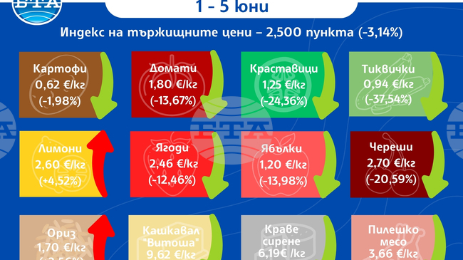 Спад на цените на повечето плодове и зеленчуци на борсите у нас през първата седмица на юни отчитат от ДКСБТ