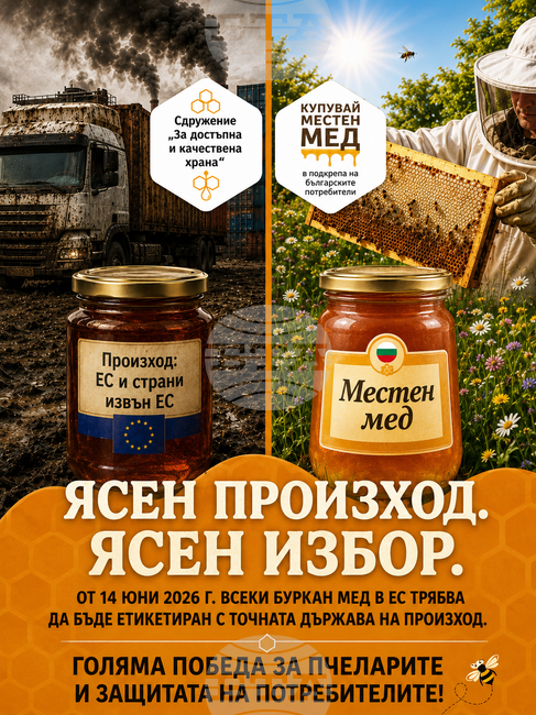 Сдружение "За достъпна и качествена храна": Историческа победа за европейските потребители и пчелари – произходът на меда вече ще бъде ясно обозначен