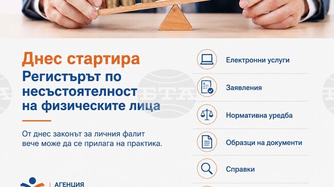 Регистърът по несъстоятелност на физическите лица вече е достъпен, съобщиха от Агенцията по вписванията