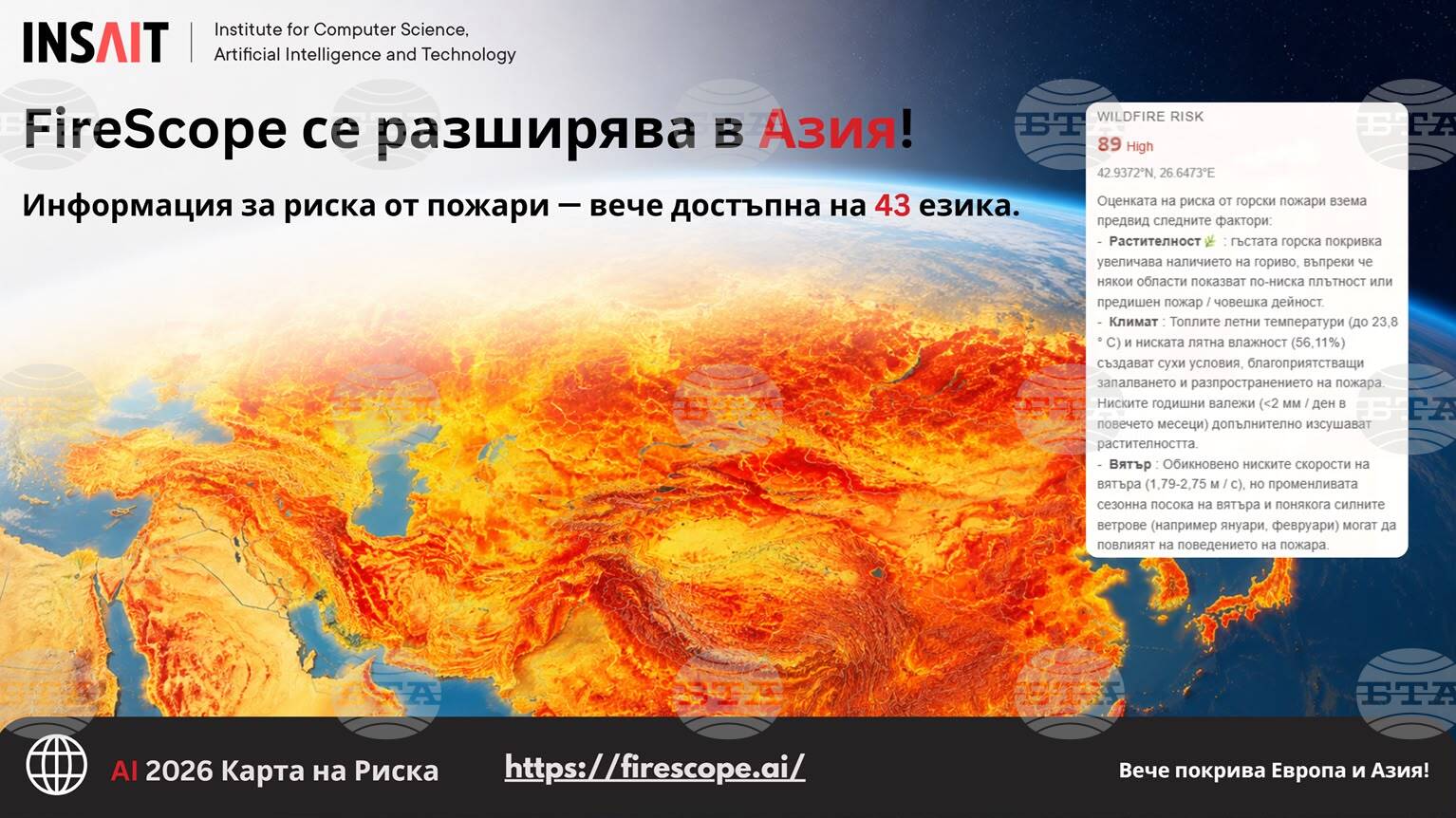 Първата система с изкуствен интелект за прогнозиране на риска от горски пожари, разработена от INSAIT, вече е достъпна на български език