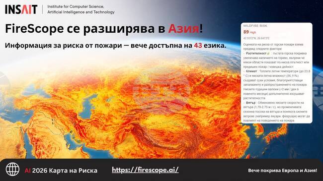 Първата система с изкуствен интелект за прогнозиране на риска от горски пожари, разработена от INSAIT, вече е достъпна на български език