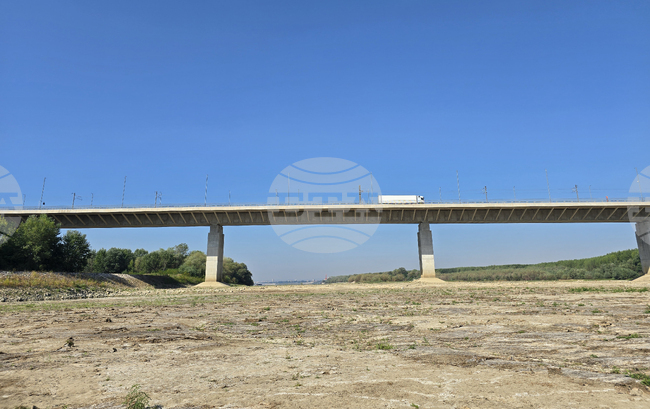 Water Recedes From Bulgarian Bank of Danube at Vidin-Kalafat Bridge
