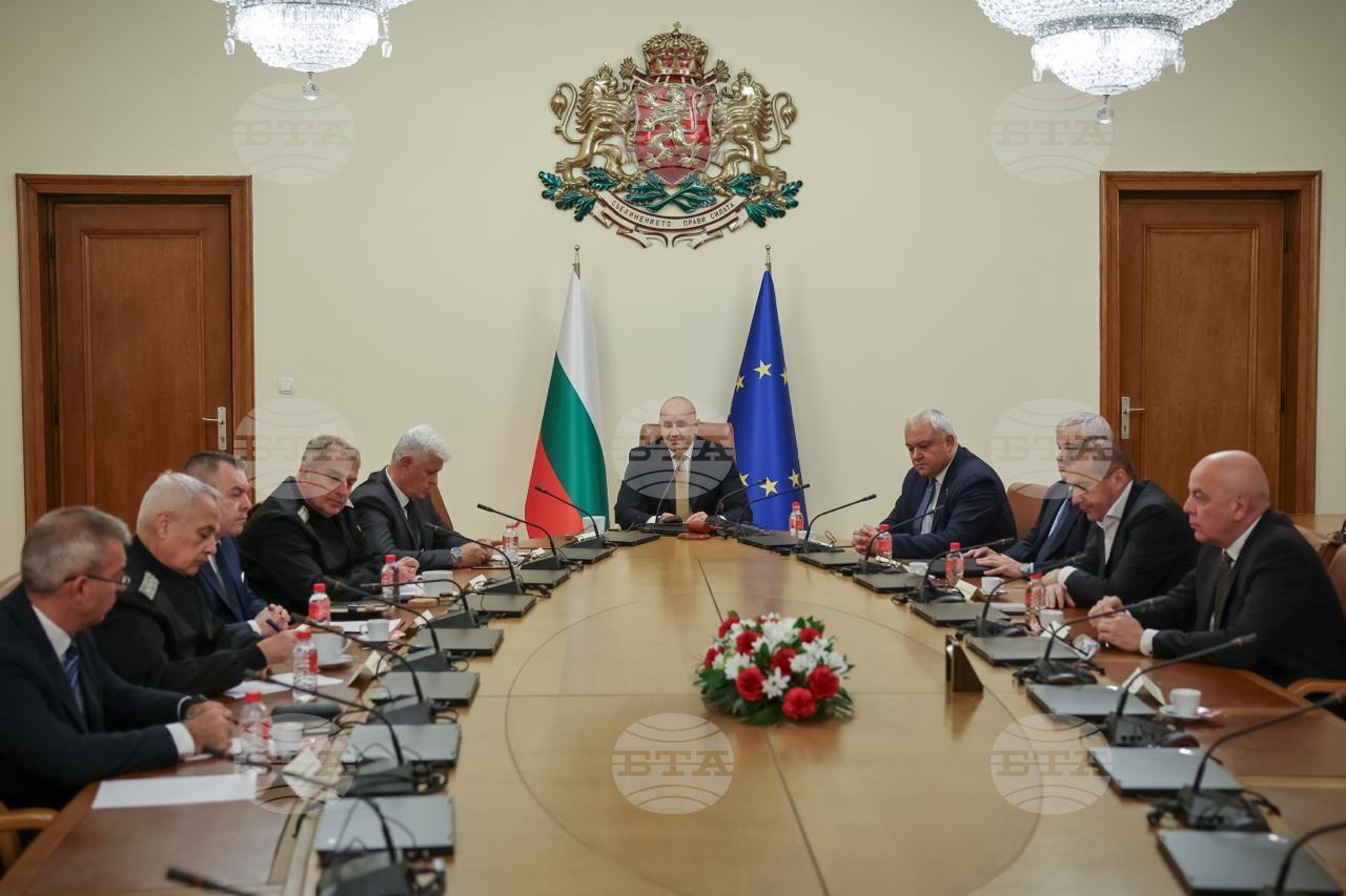 Bulgarian Prime Minister Rumen Radev chairs an emergency meeting of the Security Council under the Council of Ministers in Sofia on Oct. 13, 2026, after drone attacks on two ships in the Black Sea.