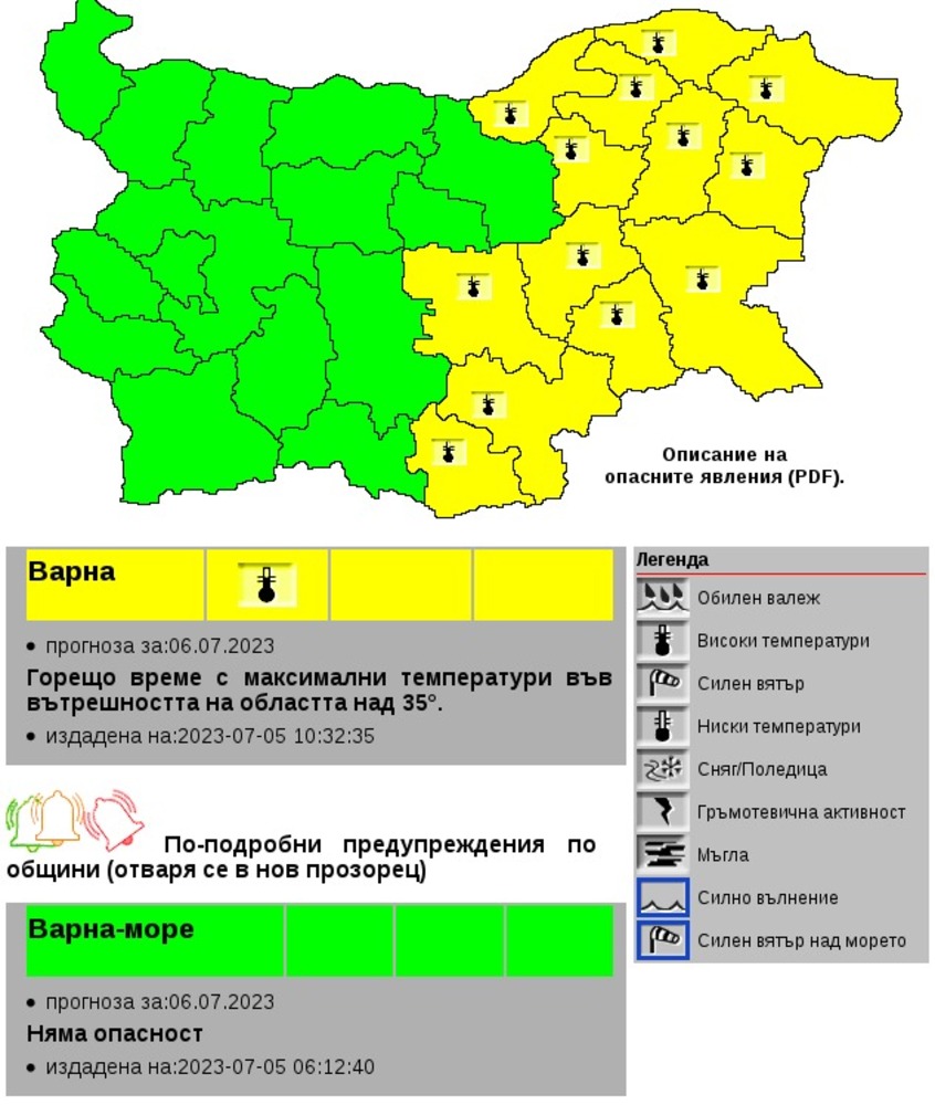 Жълт код за горещо време с температури над 35 градуса за 13 области в Източна България издаде НИМХ