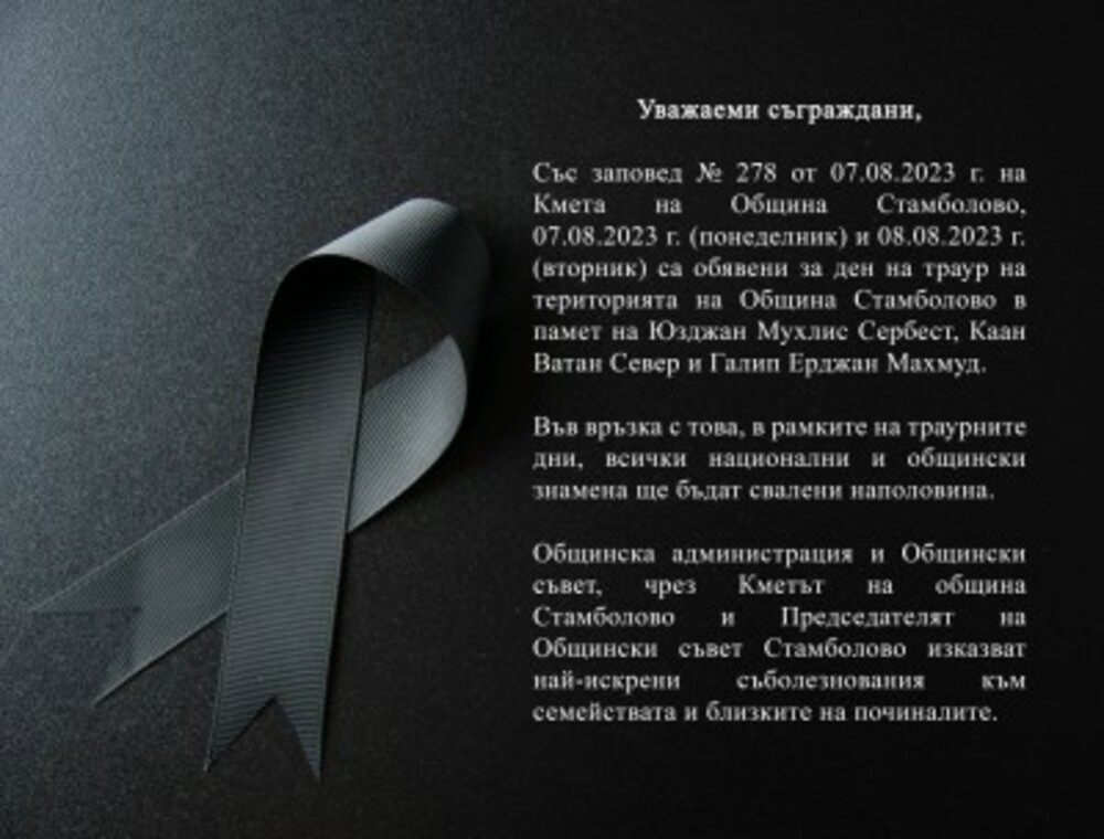 Дни на траур обяви Община Стамболово в памет на загиналите днес трима младежи