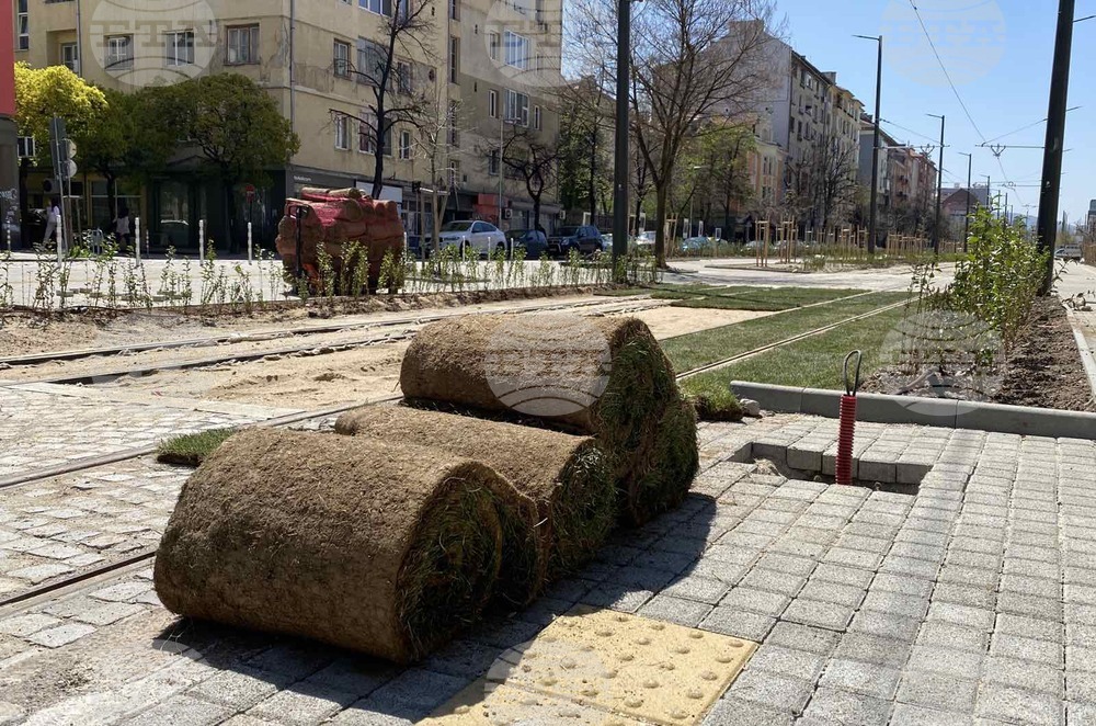 Започна поставянето на тревните чимове в новия линеен парк на бул. „Македония“ в София