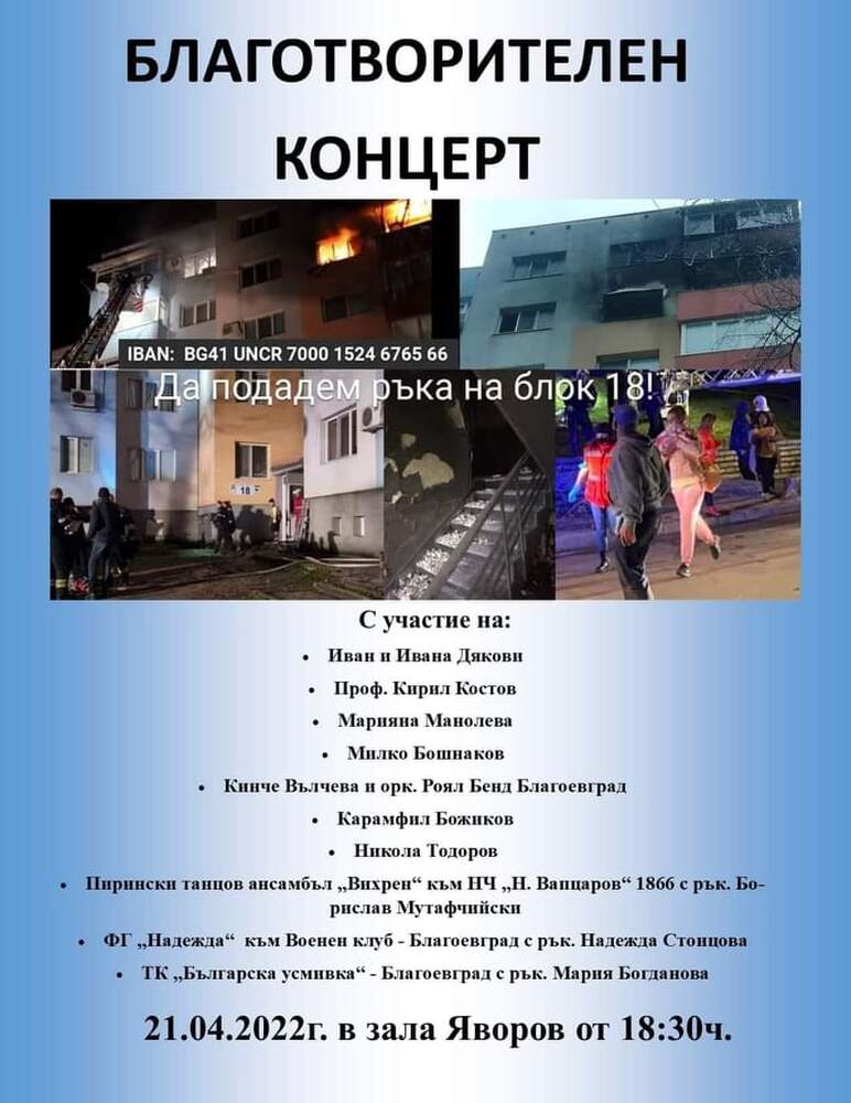 Благоевградски изпълнители организират благотворителен концерт в помощ на хората от опожарения блок в кв. „Струмско“