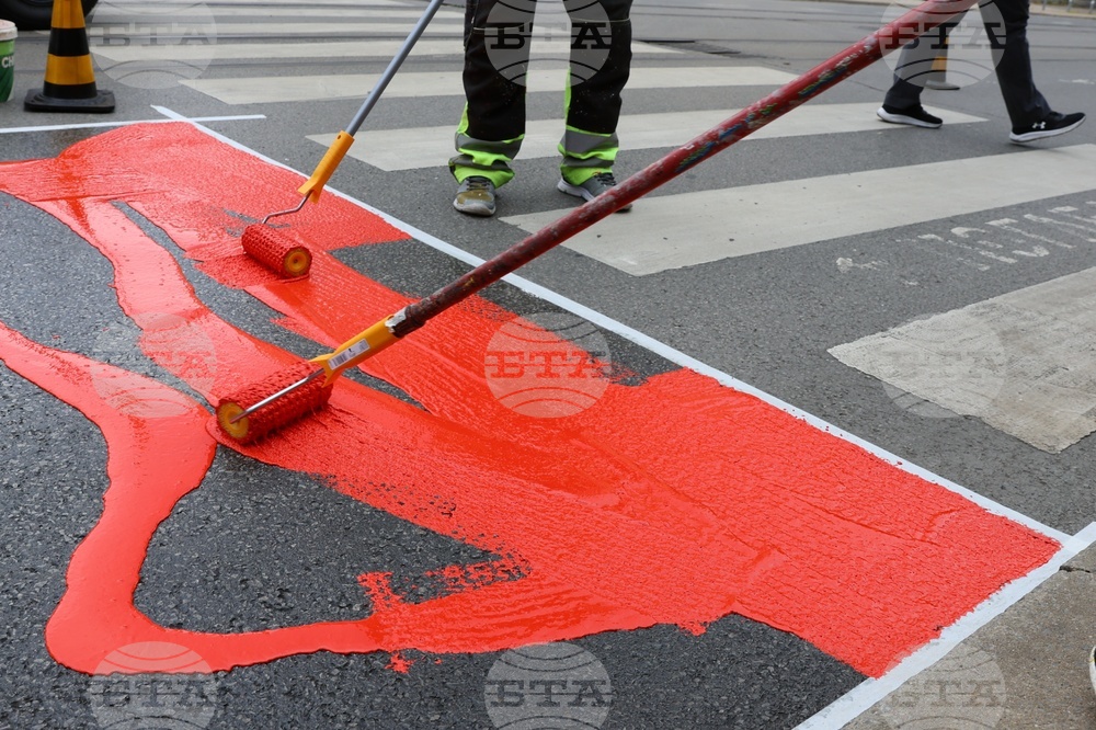 Workers are putting a specialty road dressing designed to slow down cars as they approach a pedestrian crossing in Sofia