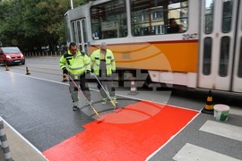 Workers are putting a specialty road dressing designed to slow down cars as they approach a pedestrian crossing in Sofia