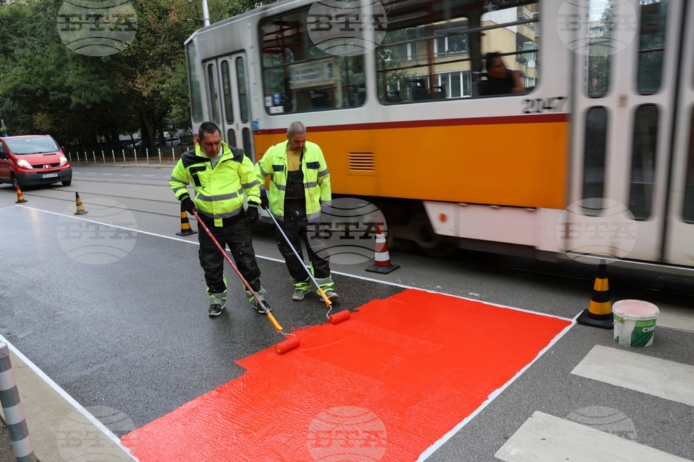 Workers are putting a specialty road dressing designed to slow down cars as they approach a pedestrian crossing in Sofia