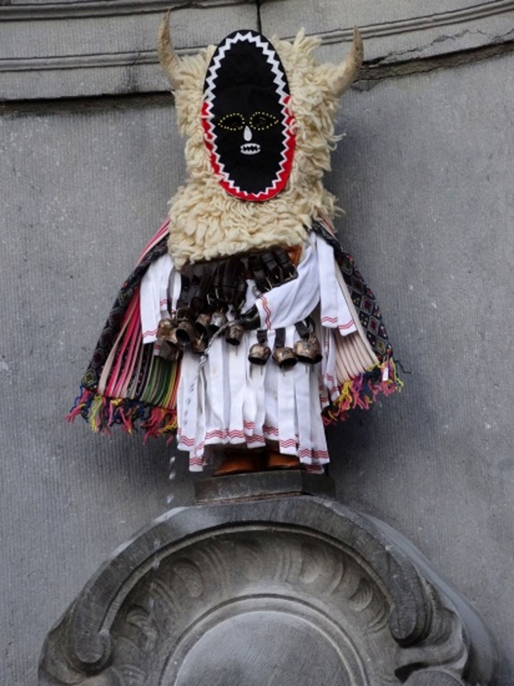 Brussels Landmark Fountain Sculpture Dressed as Bulgarian Kuker on Occasion of Bulgarian Independence Day
