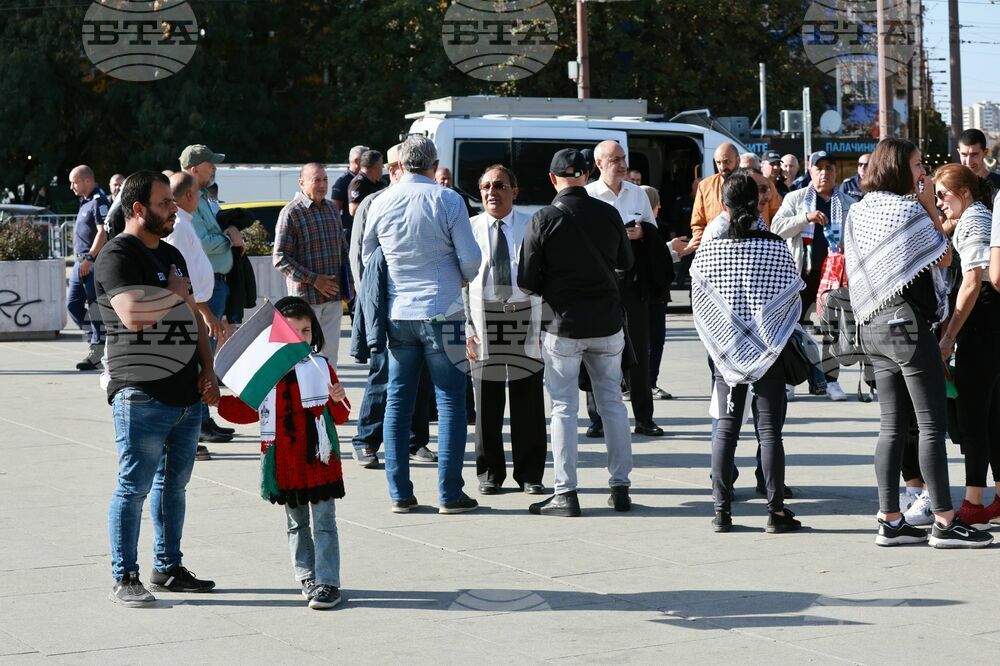 Граждани се събират пред Националния дворец на културата в София, част от тях носят знамена на Палестина