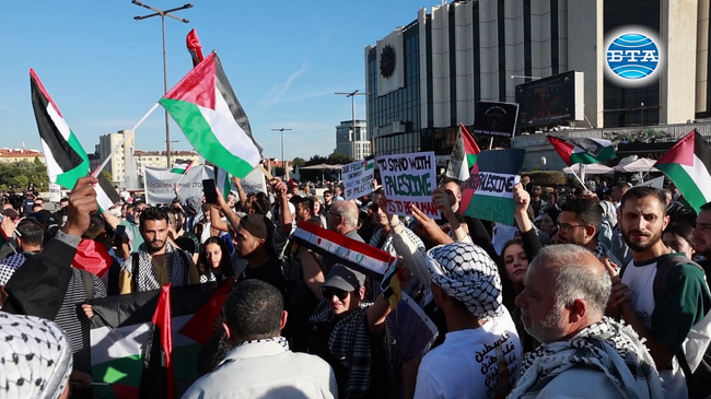 Граждани се събират пред Националния дворец на културата в София, част от тях носят знамена на Палестина