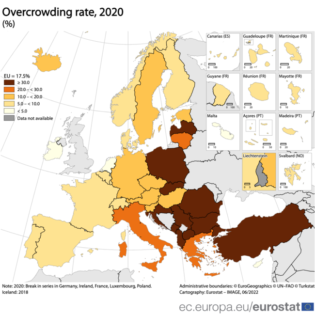 През 2020 г. 39,5 процента от българите са живели в пренаселени домакинства, според Евростат. За ЕС като цяло процентите са 17,5