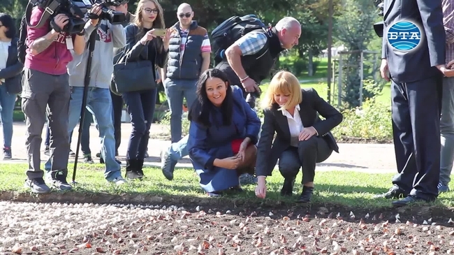 Мозайка от цветя с логото на българското председателство пред НДК