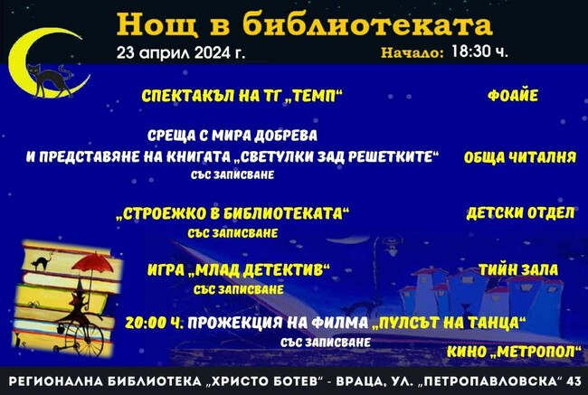 С игри, срещи с писател и филм ще се забавляват участниците в тазгодишната „Нощ в библиотеката“ във Враца