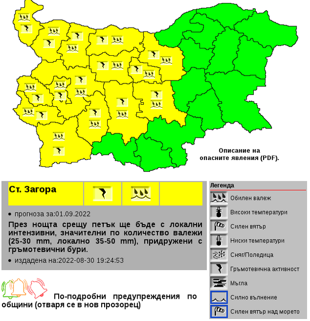 Жълт код за значителни валежи и за гръмотевични бури обяви за утре Националният институт по метеорология и хидрология