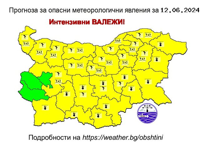 Жълт код за горещо време, за краткотрайни интензивни валежи и за градушки издаде за 25 области на страната НИМХ
