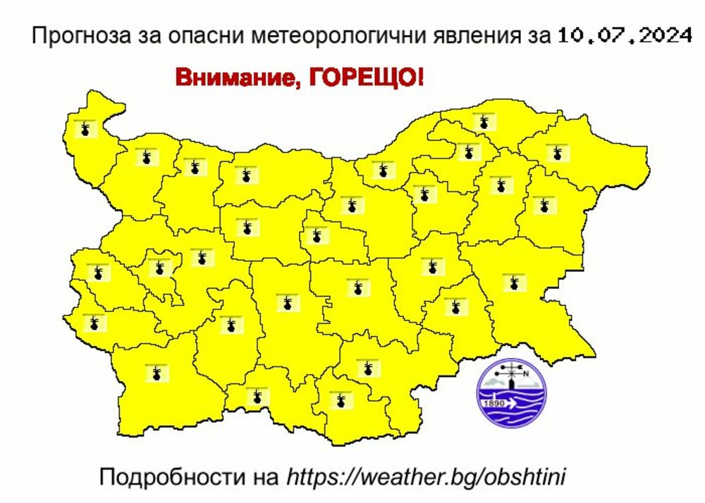 Жълт код за горещо време в цялата страна издаде за утре Националният институт по метеорология и хидрология
