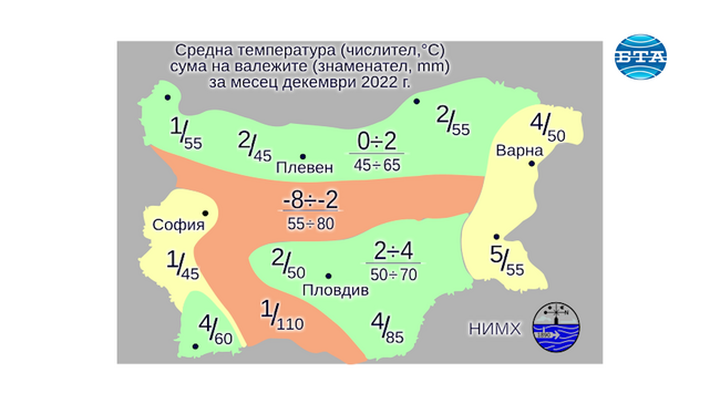 Най-ниските температури през декември у нас ще са между минус 10 и минус 5 градуса, а най-високите - между 10 и 15 градуса