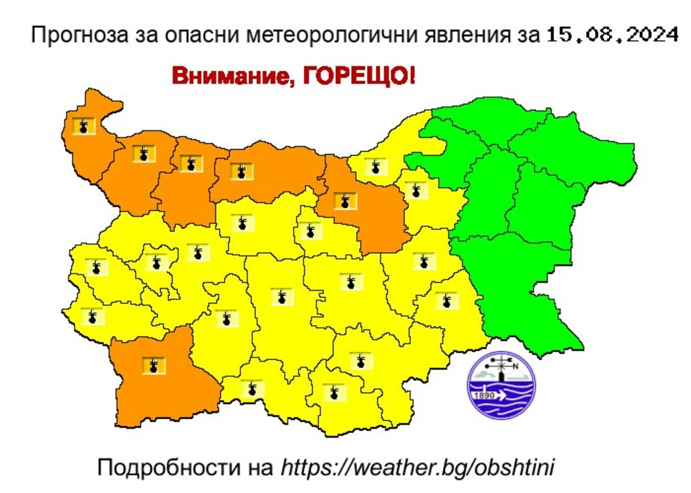 Жълт и оранжев код за високи температури за 22 области на страната издаде НИМХ