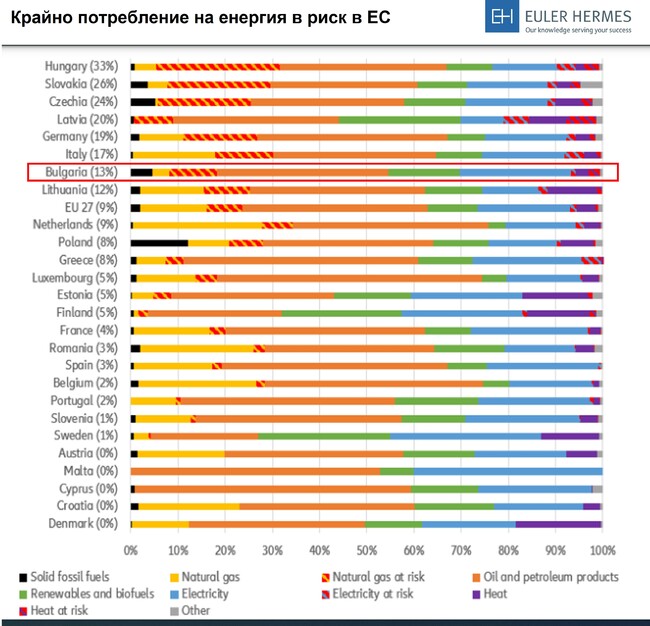 Тринайсет процента от консумираната у нас енергия е в риск заради кризата с руския газ в ЕС, показва анализ и прогноза на "Юлер Ермес"